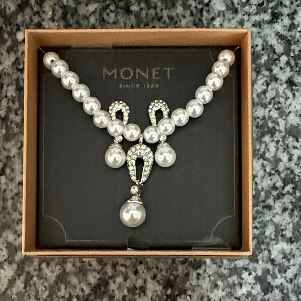 Monet Pearl and Silver Necklace Set
